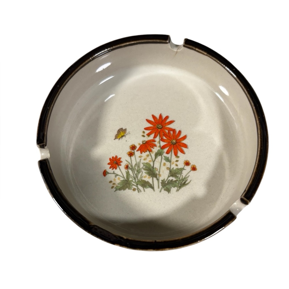 Floral Ceramic Ashtray with Orange Accents